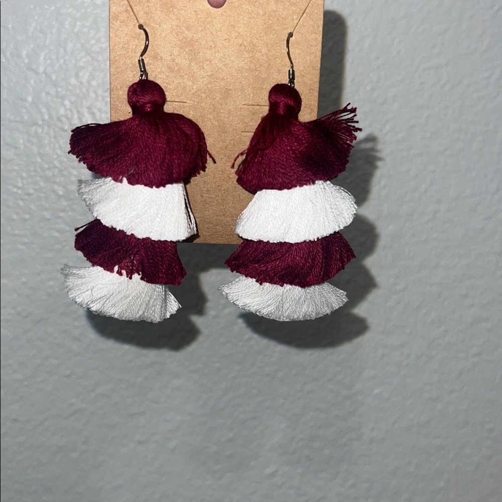 Burgundy and White Tassel Earrings